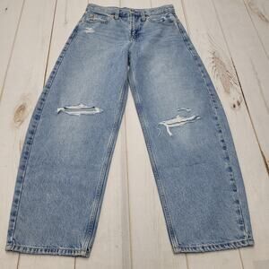 Gap barrel leg high rise jeans light wash distressed rigid 26 2 petite.